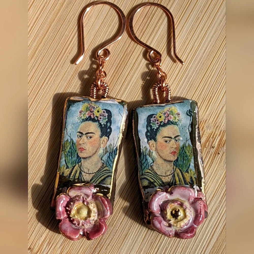 Unique Frida Khalo Earrings Artisan Crafted Lightweight Ceramic Charms - Picture 15 of 16